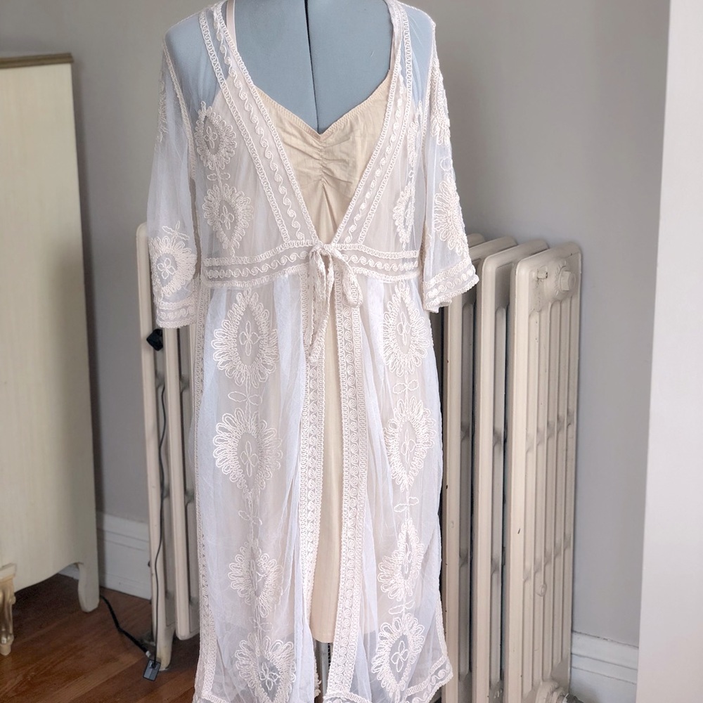 Crochet overlay with organic cotton sheath dress
